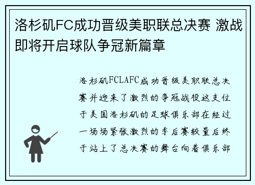 洛杉矶FC成功晋级美职联总决赛 激战即将开启球队争冠新篇章